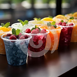 Plastic cups hold frozen fruit slushies, aligned in a colorful, frosty row