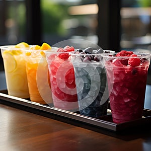 Plastic cups hold frozen fruit slushies, aligned in a colorful, frosty row