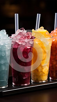 Plastic cups hold frozen fruit slushies, aligned in a colorful, frosty row