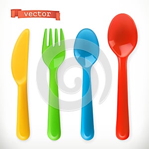 Plastic cutlery. Kids food. 3d vector icon set photo