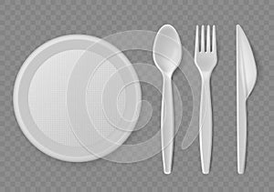 Plastic cutlery. Realistic disposable serving kitchen utensil, plate and spoon, fork and knife, picnic tableware