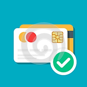 Plastic debit or credit card with a payment approved icon. Bank card. E-commerce. Vector illustration isolated on color photo