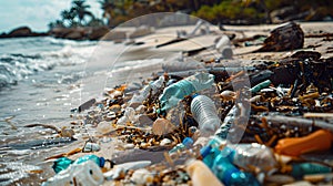 plastic and debris pollution on tropical beach shore