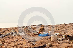 Plastic debris Waste Litter on Ground pollutes sand beach sea, Earth day concept. Save the planet nature from garbage trash