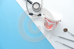 plastic dental teeth model on color background