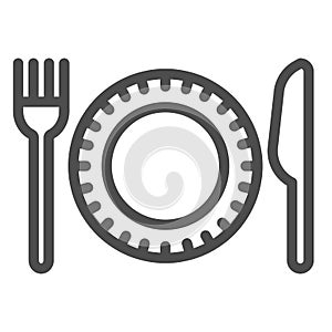 Plastic disposable tableware line icon, picnic concept, plate with fork and knife sign on white background, Paper