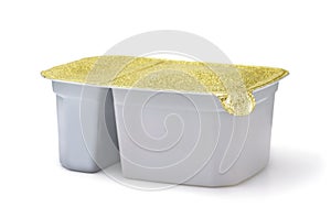 Plastic disposable two compartment food container with foil cover