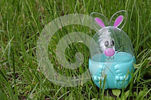 Plastic Easter egg bunny in long green grass