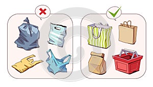 Plastic or eco bag. Various shopping bags. Right and wrong choices for shopping bags