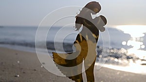 Plastic figure stick young people love girl guy hugging sand beach of sea coast