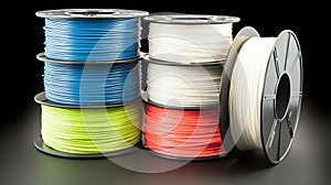 Plastic filament material PLA and ABS for printing on a 3D printer in color. AI generated.