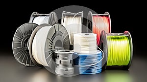 Plastic filament material PLA and ABS for printing on a 3D printer in color. AI generated.