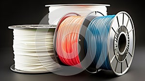 Plastic filament material PLA and ABS for printing on a 3D printer in color. AI generated.