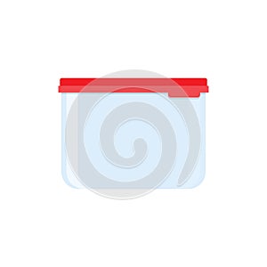 Plastic food container, red lid.