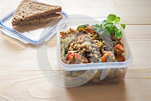 plastic food storage containers. the concept of long-term storage of products.