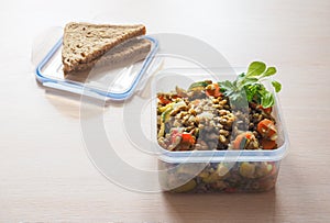 plastic food storage containers. the concept of long-term storage of products.