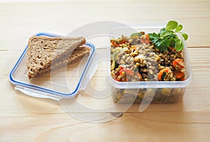 plastic food storage containers. the concept of long-term storage of products.