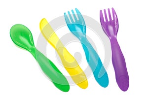 Plastic forks, spoon and knife of different colors