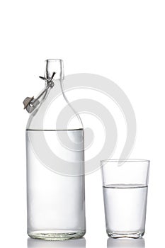 Plastic free concept:  glass water bottle and water glass isolated on white background with clipping path and copy space for your