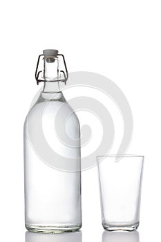 Plastic free concept:  glass water bottle and water glass isolated on white background with clipping path and copy space for your