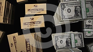 Plastic free and eco friendly box and US Dollar money pack loop 3d animation