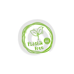 Plastic free green icon badge. Bpa plastic free chemical mark with hand drawn doodle cartoon style vector isolated