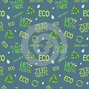 Plastic free Green Zero waste icon seamless pattern. Watercolor hand drawn illustration on blue background. Ecological