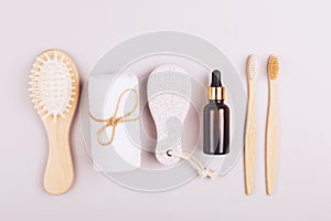 Plastic free personal care products on grey background
