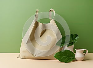 Plastic free set with cotton bag, glass jar, green leaves and recycled tableware top view. Zero waste, eco friendly