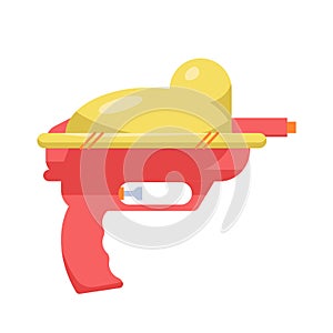 Plastic funny toy pistol with green handle and orange liquid balloon for comic fight, side view of handgun cartoon