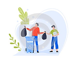 Plastic garbage bin, woman character and man trow