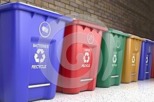 Plastic garbage bins with waste type label and recycle logo are the best for waste sorting systems. Separate garbage collection