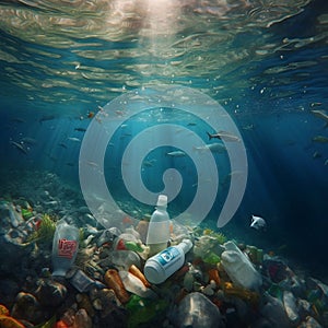 Plastic garbage at the bottom of the sea. Image generated by AI