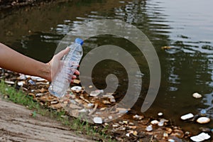 Plastic garbage in the river , pollution and environment in the water