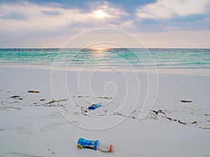 Plastic garbage on tropical beach. Ecology problem, pollution disaster concept affecting the world