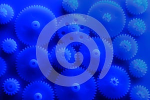 Plastic gears compilation on a neon blue background. Spare parts for your RC toy. Background picture.