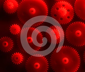 Plastic gears compilation on a red background. Spare parts for your RC toy. Background picture.