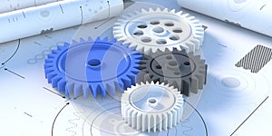 Plastic gears concept.Blueprint plan background. 3d illustration