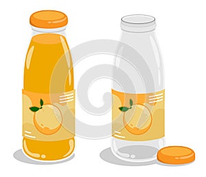 Plastic or glass bottle with orange juice. Full and empty bottle with cap and label. Cartoon vector isolated on white background