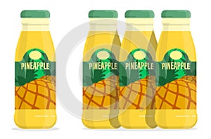 Plastic or glass bottle with pineapple cocktail. Bottle of pineapple juice with cap and label. Flat cartoon vector isolated on