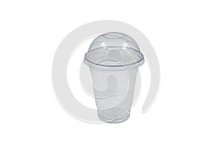 Plastic glass with a button for drinks on a white background