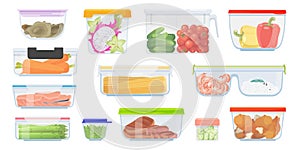 Plastic or glass lunch food storage containers set, cooked meat and fish, fresh vegetable