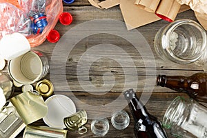 Plastic, glass, metal and paper garbage for recycling concept reuse and recycle. Copy space