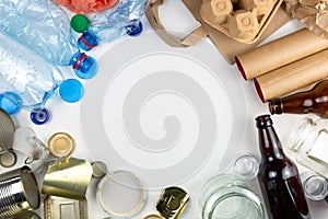 Plastic, glass, metal and paper garbage for recycling concept reuse and recycle. Copy space