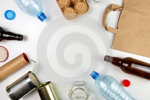 Plastic, glass, metal and paper garbage for recycling concept reuse and recycle. Copy space