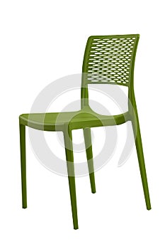 Plastic green chair with a wicker back. Patio or cafe furniture.
