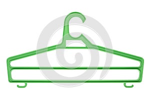 Plastic green clothes hanger isolated on white background close up.