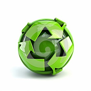 Plastic green recycling icon on the glossy green globe symbolizing Earth. Ecological interaction and waste recycling