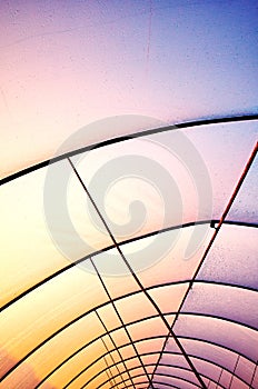 Plastic greenhouse cover with rusty frame at sunset