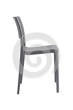 Plastic grey chair with a wicker back. Patio or cafe furniture.